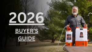 A 2026 Buyer's Guide banner featuring a smiling man standing behind two professional PetraTools backpack sprayers (HD2000-S and HD4000 models) in an outdoor garden setting.