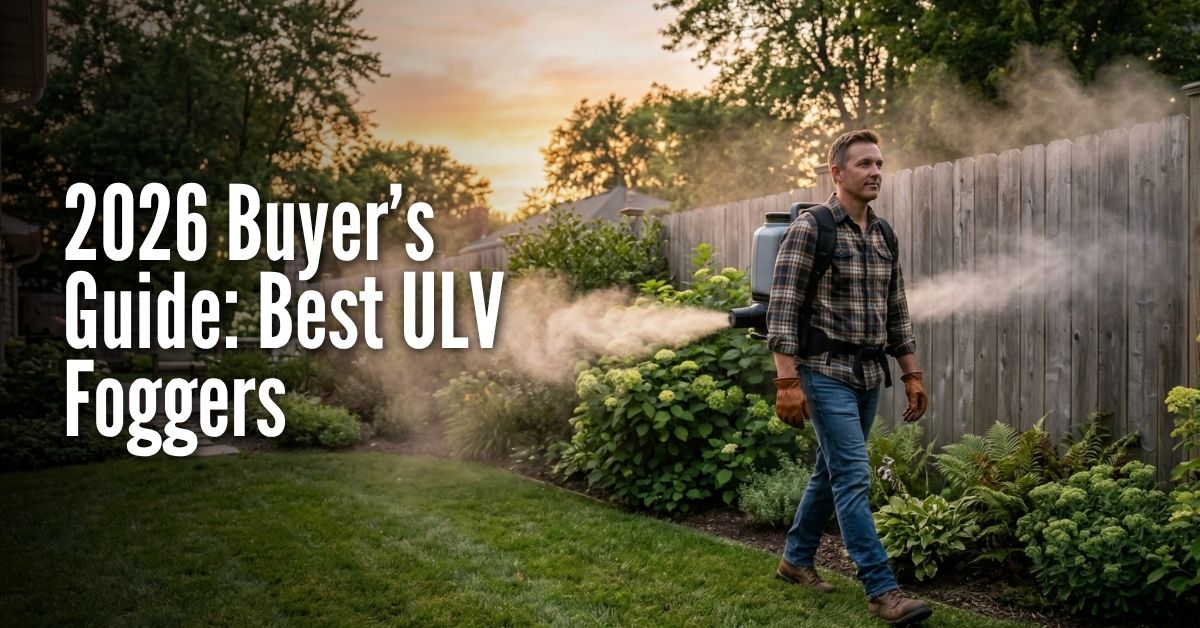 A wide-angle photograph of a man walking along a wooden fence in a lush, green backyard at sunset. He is wearing a plaid shirt, jeans, and work gloves, and has a backpack ULV fogger on his back which is emitting a thick mist toward the plants and fence line. Large, white, bold text on the left side of the image reads: 2026 Buyer’s Guide: Best ULV Foggers.