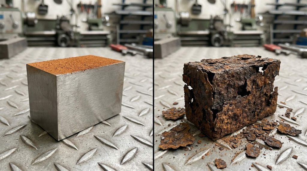 Side-by-side comparison of surface rust on smooth steel vs. advanced deep pitting corrosion on a damaged metal block.