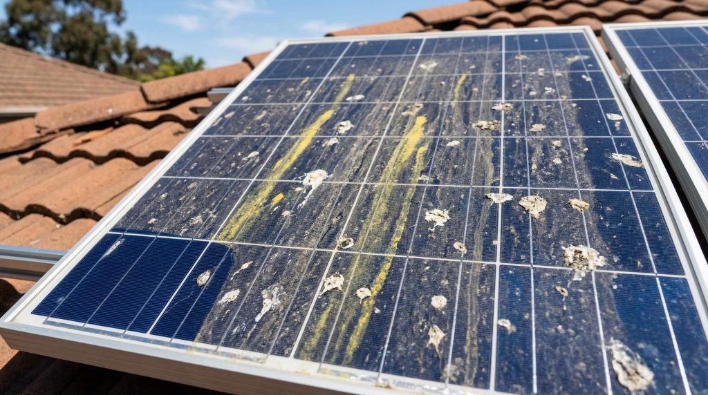 A close-up of a solar panel on a tiled roof covered in heavy dust, yellow pollen streaks, and bird droppings, illustrating the need for cleaning to maintain efficiency.