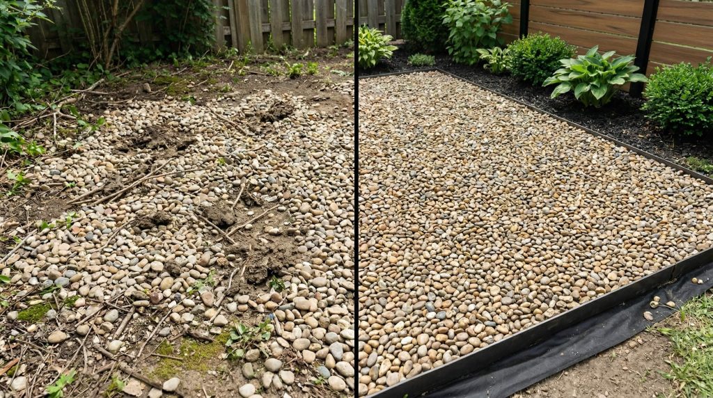 A split-screen image showing a messy, scattered gravel pathway on the left and a neat, firmly bonded, and stabilized gravel surface on the right after applying rock glue.