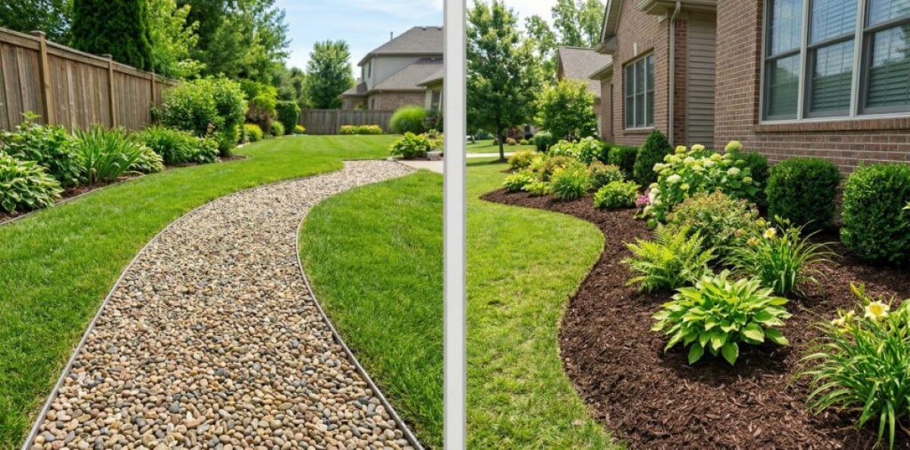 Rock glue on decorative gravel path vs mulch glue on flower bed — landscape adhesive comparison
