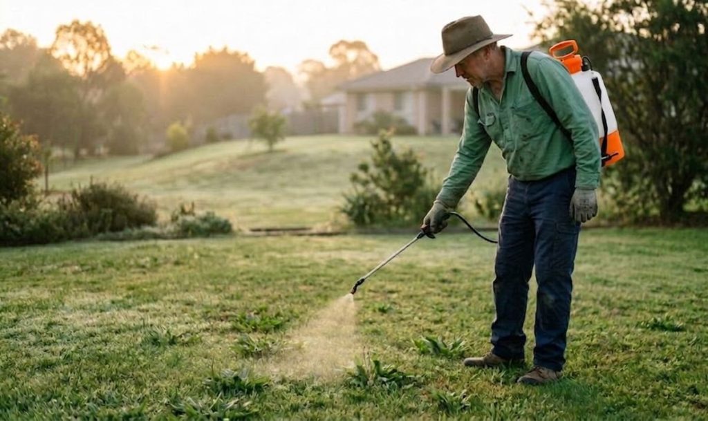 Applying weed killer on the lawn during calm early morning conditions.