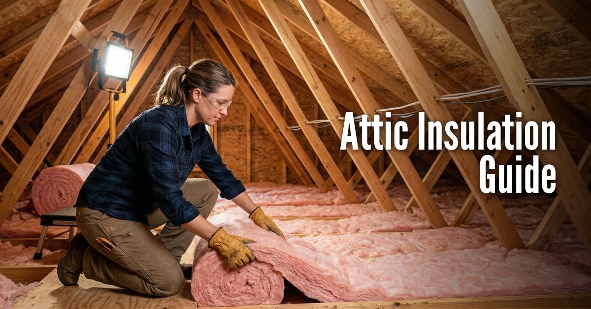 An image titled "Attic Insulation Guide" featuring a woman installing rolls of pink fiberglass insulation in an unfinished attic. She is kneeling on a wooden board for stability, wearing a blue plaid shirt, work pants, gloves, and safety glasses. A bright work light on a stand illuminates the space, which is framed with wooden rafters and trusses.
