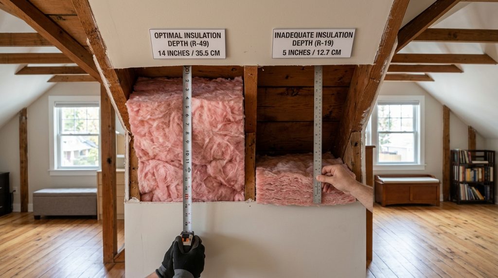 Measuring attic insulation depth to determine existing R-value.
