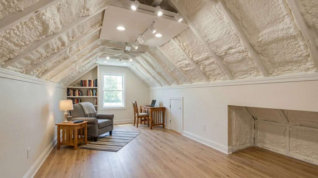 A finished attic living space featuring airtight spray foam insulation on the slanted roof deck and walls.