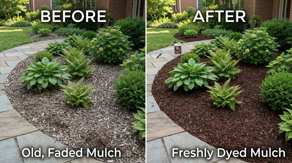 A side-by-side comparison of a curved garden bed following a stone walkway.

Left Image (BEFORE): Shows light grey, weathered, and Old, Faded Mulch surrounding several green hosta plants and small shrubs.

Right Image (AFTER): Shows the same garden bed with Freshly Dyed Mulch in a deep, rich chocolate brown. A bottle of Petramax Mulch Dye with a sprayer wand attached is visible in the background on the mulch.

Large white text at the top of each respective side labels them BEFORE and AFTER.