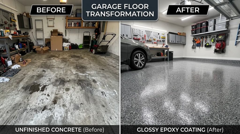 Comparison of unfinished concrete garage floor and epoxy-coated garage floor showing dramatic transformation.