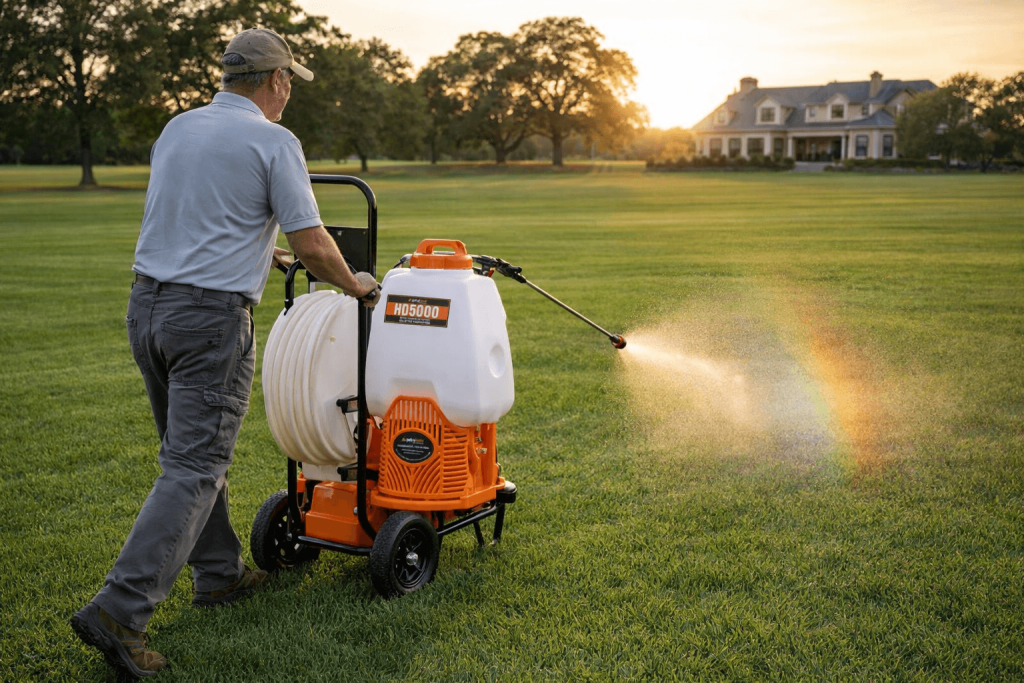PetraTools HD5000 application sprayer being used for lawn maintenance.