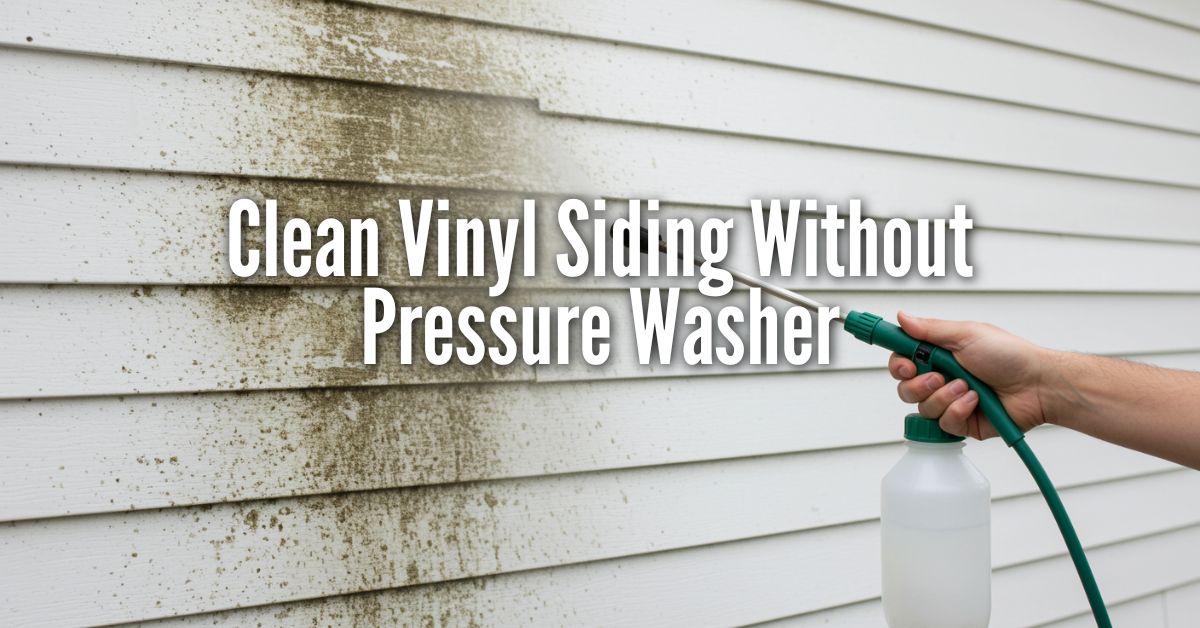 A close-up photograph of white vinyl siding being cleaned. The left side of the siding is covered in dark green and brown mildew, while the right side is clean. A hand is holding a green and white pump sprayer wand, directing a fine mist onto the dirty section to show the cleaning progress. Overlaid in the center is large, white, sans-serif text that reads: Clean Vinyl Siding Without Pressure Washer.