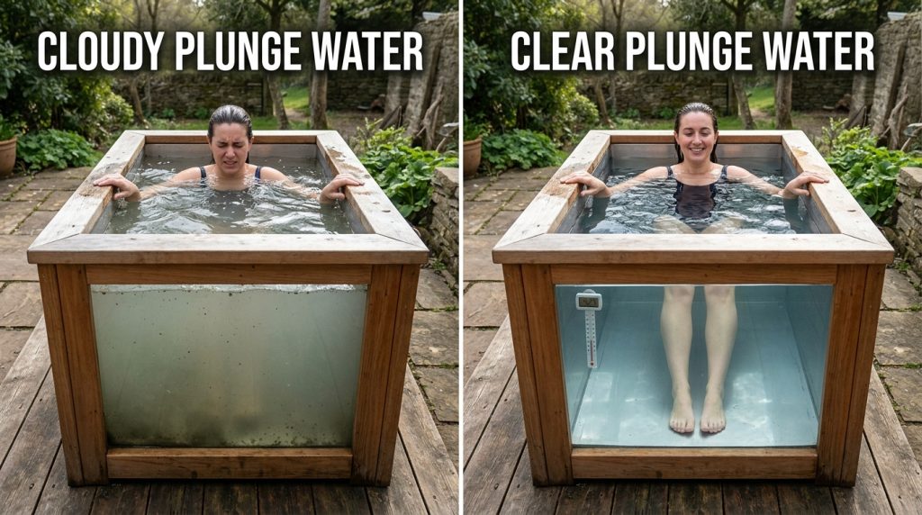 Comparison of cloudy cold plunge water vs properly maintained clean plunge water.
