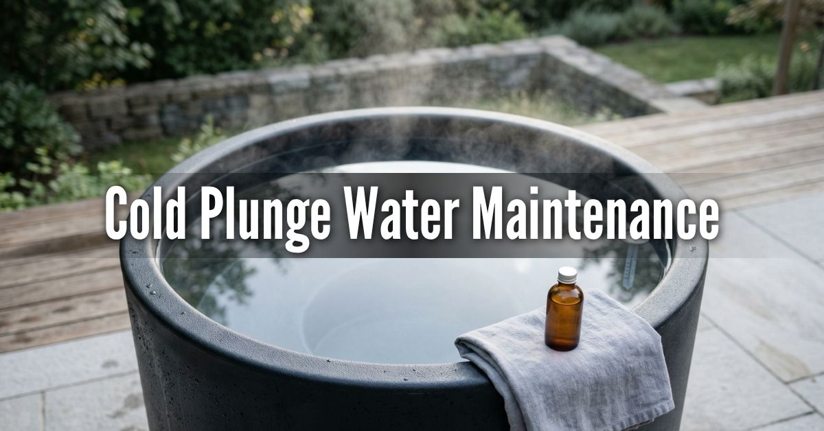 An image titled "Cold Plunge Water Maintenance" featuring a round, black outdoor cold plunge tub filled with clear water. A small amber glass bottle and a folded gray towel sit on the rim of the tub. The setting is a modern patio with stone pavers, wooden decking, and a low stone wall with greenery in the background. Light steam or mist rises from the water's surface, suggesting a significant temperature difference with the air.