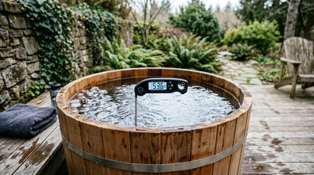 Cold plunge tub showing water temperature around 50–55 degrees Fahrenheit.