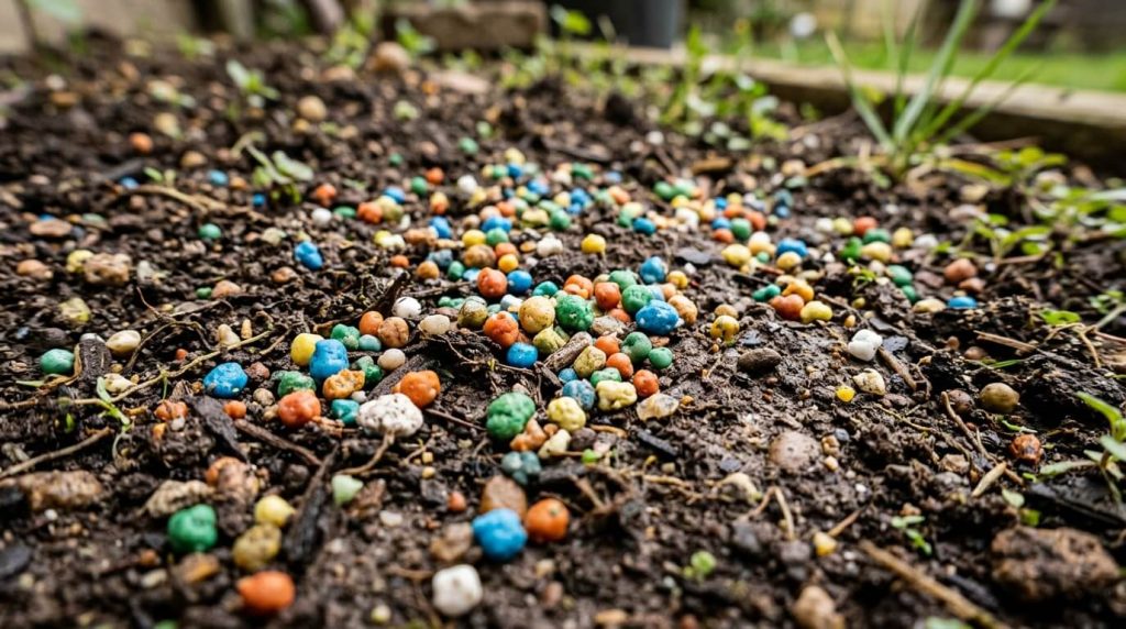 Slow-release granular fertilizer pellets on the ground.