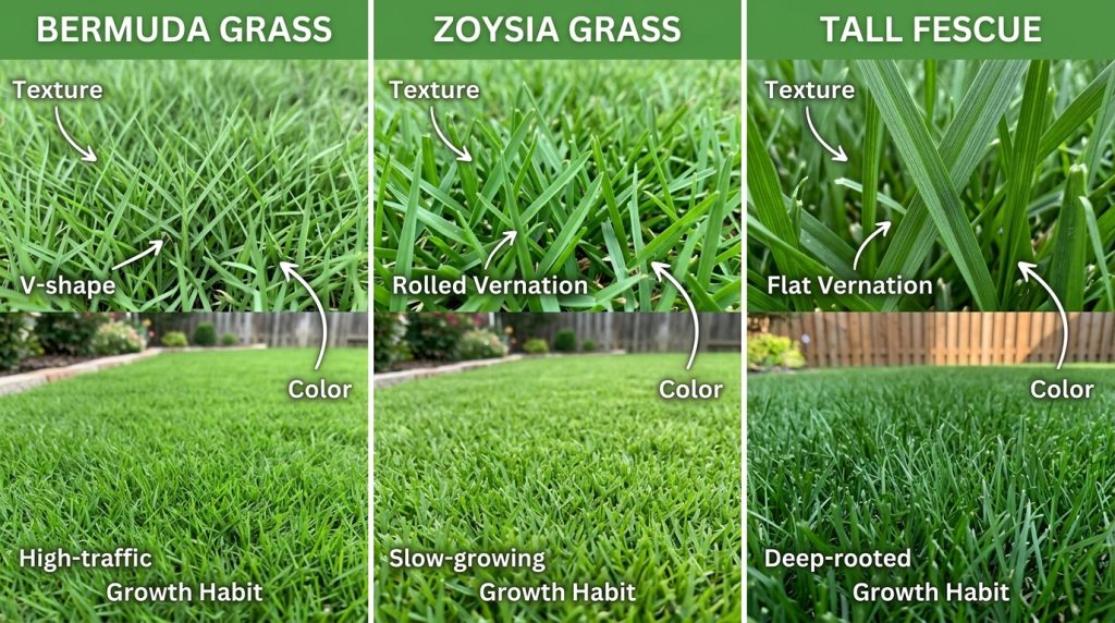 Side-by-side comparison of Bermuda grass, Zoysia grass, and Fescue lawn textures.