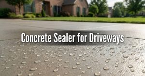 Water beading on a professionally sealed concrete driveway surface to prevent moisture damage.