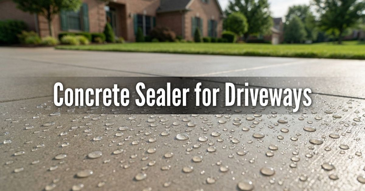 Water beading on a professionally sealed concrete driveway surface to prevent moisture damage.