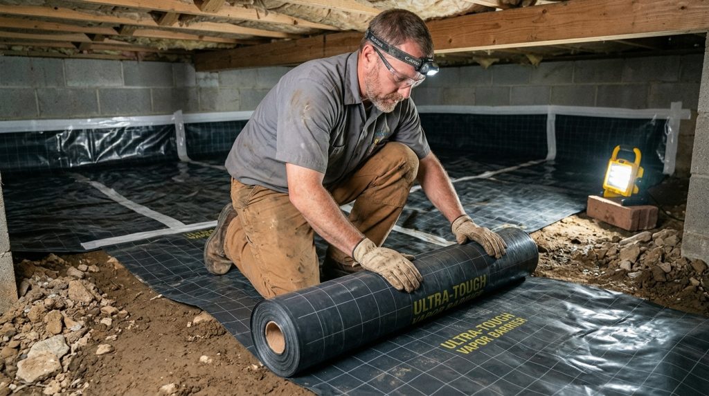Contractor installing vapor barrier and insulation during crawl space encapsulation.