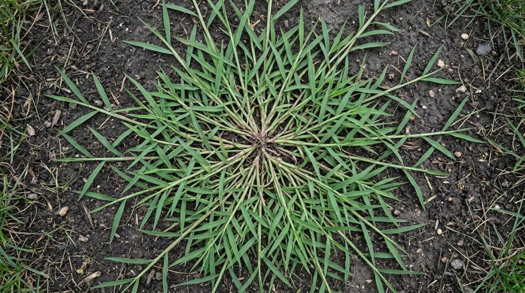 Top view of a single crabgrass plant showing its spreading growth pattern across lawn soil.