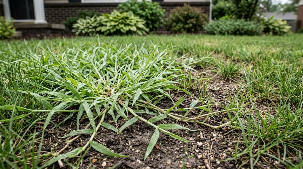 Close-up of crabgrass weed spreading through a thin patch of residential lawn grass.