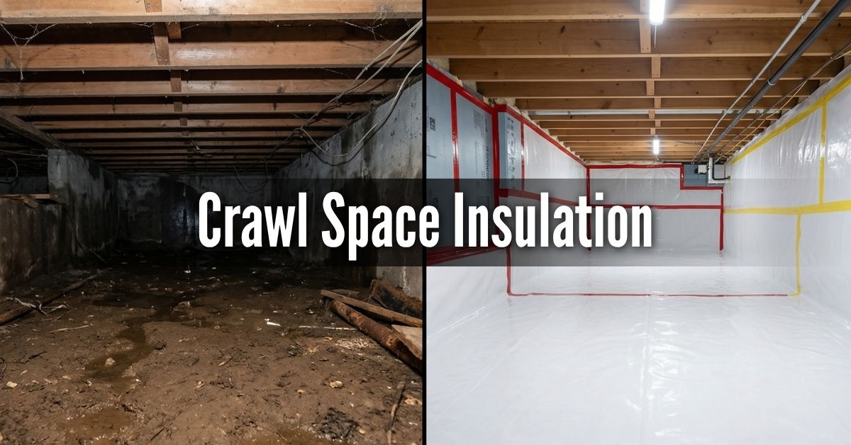 An image titled "Crawl Space Insulation" showing a dramatic before-and-after comparison of a home's crawl space. Left Side (Before): Shows a dark, damp, and neglected crawl space with exposed dirt, muddy patches, and unfinished concrete walls. Wooden floor joists and some wiring are visible overhead. Right Side (After): Shows a fully encapsulated and bright crawl space. The floor and walls are covered in a clean, white vapor barrier sealed with red and yellow tape. Rigid foam insulation panels are installed