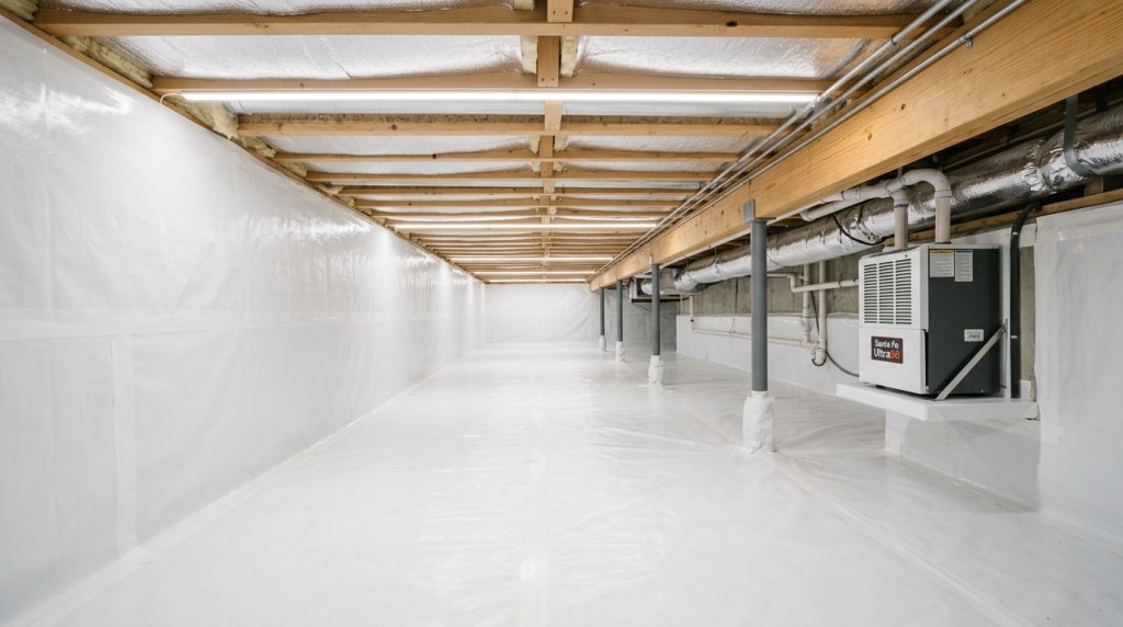 Fully encapsulated crawl space showing vapor barrier covering floor and insulated foundation walls.