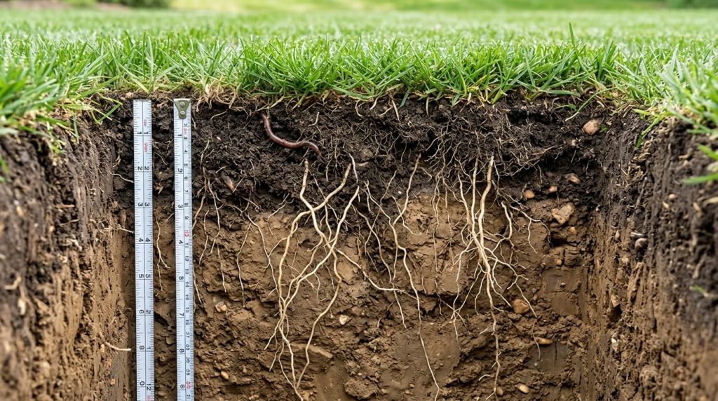 Healthy grass roots growing in improved soil structure.