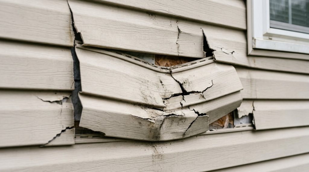 Damage to vinyl siding caused by high pressure washing.