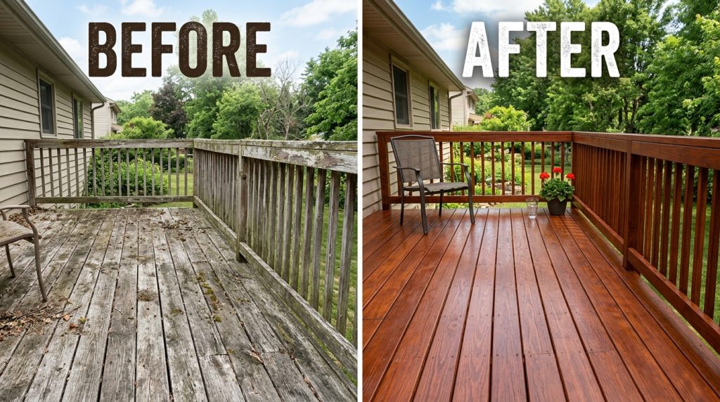 Before and after comparison showing weathered wood deck restored with fresh stain.