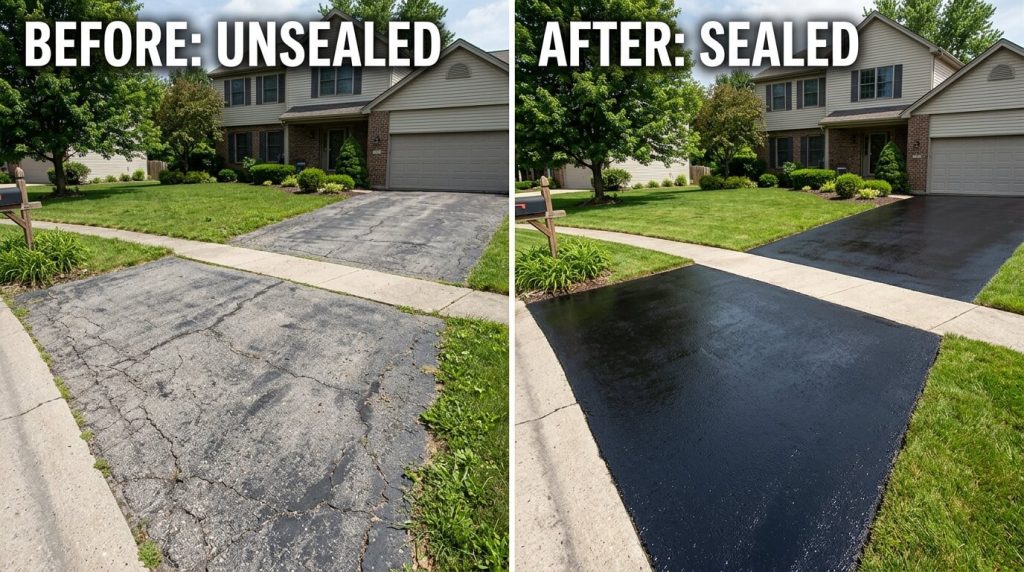 Before and after comparison of a sealed concrete driveway.