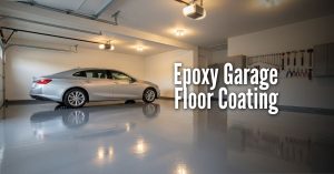An image titled "Epoxy Garage Floor Coating" showing a clean, well-organized two-car garage with a silver sedan parked inside. The concrete floor has a high-gloss, light gray epoxy finish that reflects the overhead lights and the car. The walls are white, and a shadow board with neatly arranged hand tools is mounted on the right side.