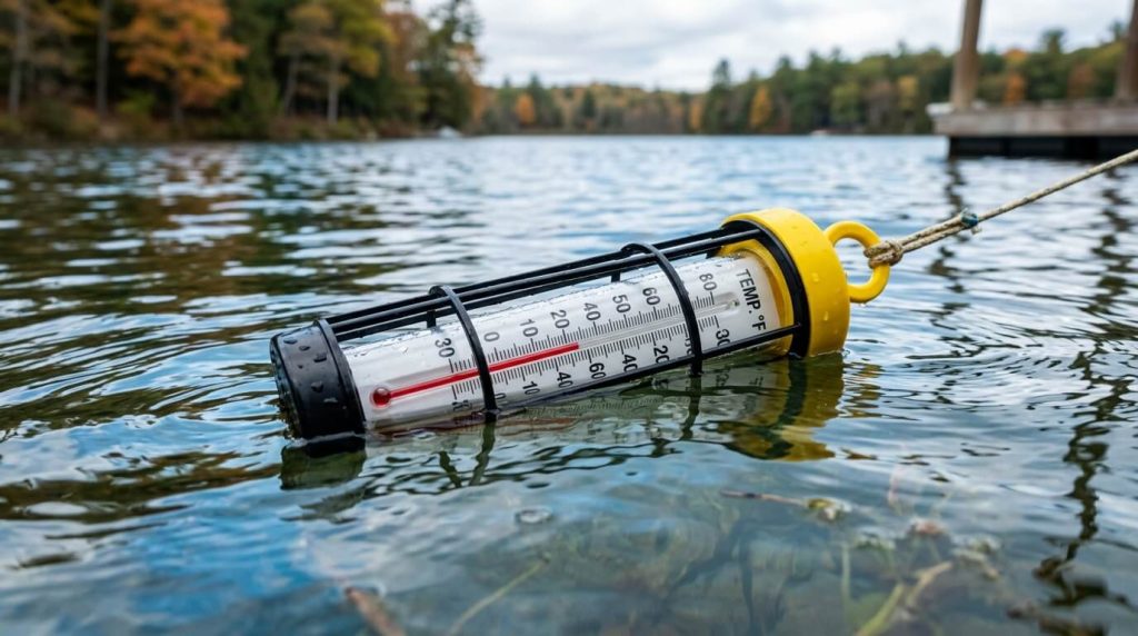Monitoring cold plunge water temperature with a floating thermometer for safety.