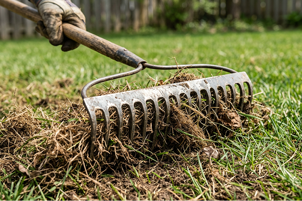 Raking away debris in an important step in the lawn recovery process.