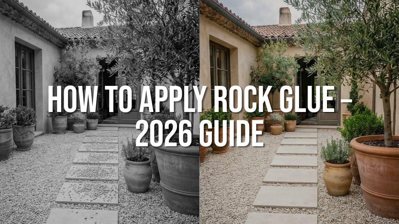 A side-by-side comparison image of a Mediterranean-style courtyard featuring a gravel path and potted plants. The left half of the image is in black and white, while the right half is in full color, showing tan stone walls, green trees, and terracotta pots. Overlaid across the center in large, white, sans-serif text is the title: HOW TO APPLY ROCK GLUE - 2026 GUIDE.