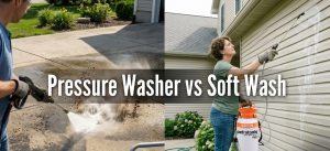 An image titled "Pressure Washer vs Soft Wash" featuring a side-by-side comparison of two different exterior cleaning methods. Left Side (Pressure Washer): Shows a man using a high-pressure wand to blast dirt and grime off a concrete driveway. The high-velocity water is visibly displacing debris. Right Side (Soft Wash): Shows a man wearing safety glasses using a low-pressure pump sprayer to apply a cleaning solution to white vinyl house siding. The spray is gentler, relying on chemicals rather than force to clean the surface.