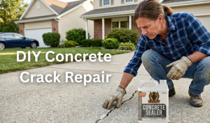 DIY Concrete Crack Repair overlay on a photo of a homeowner repairing a damaged driveway with sealant.
