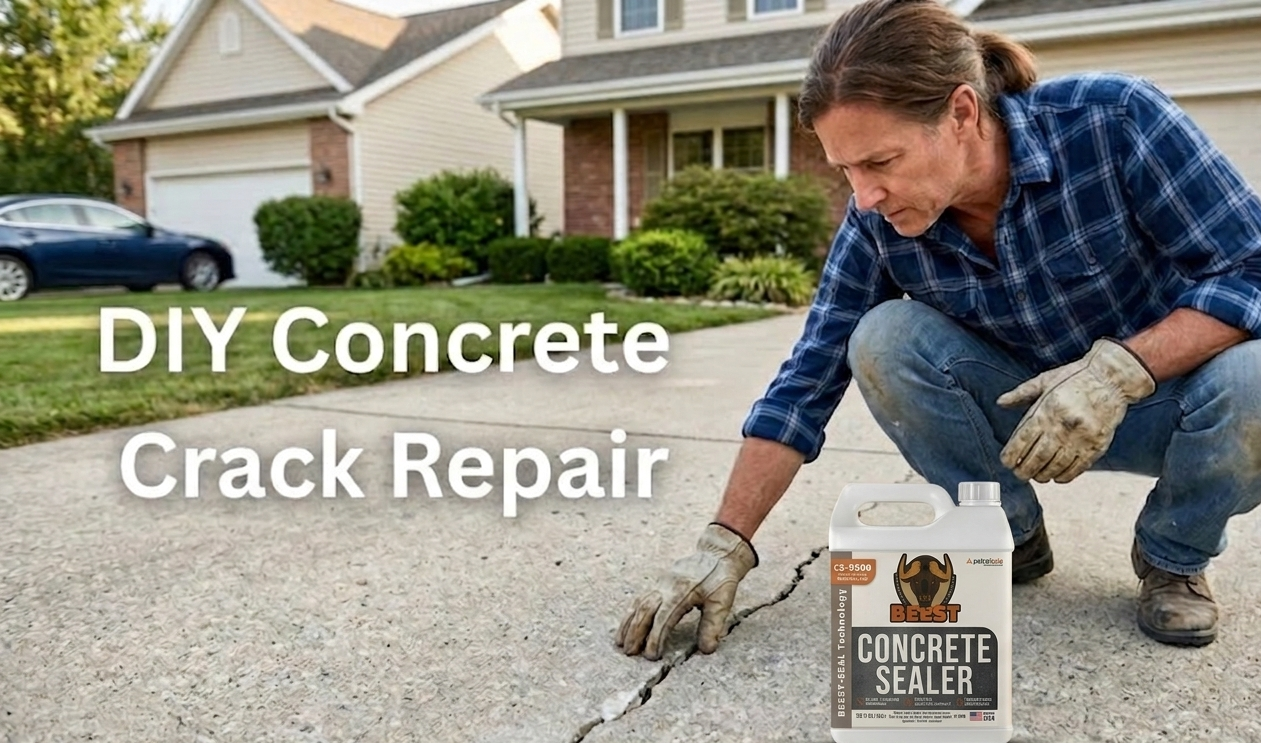 DIY Concrete Crack Repair overlay on a photo of a homeowner repairing a damaged driveway with sealant.