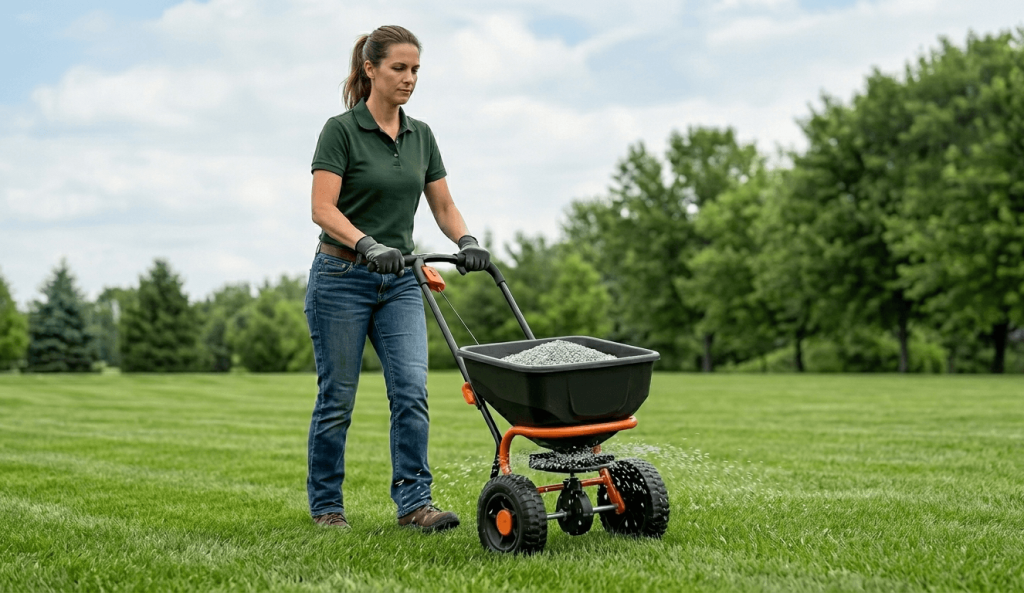 A woman using a walk-behind broadcast spreader to apply fertilizer granules to a large, green lawn.