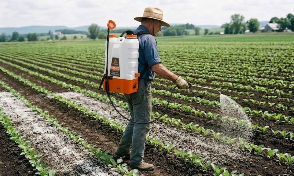 Applying liquid fertilizer in overlapping passes using a backpack sprayer.