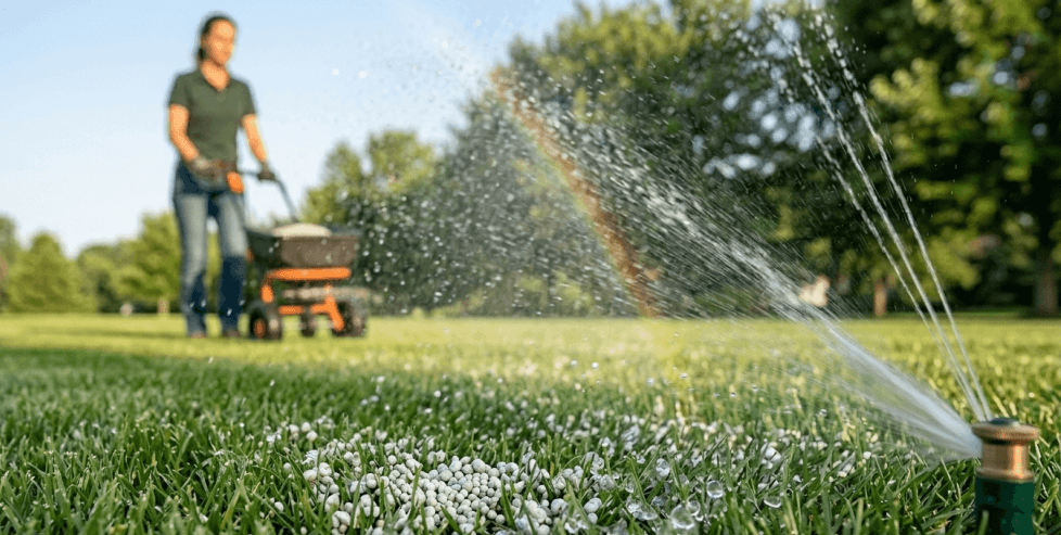 A lawn sprinkler watering a green yard in the foreground with a person using a fertilizer spreader in the background.