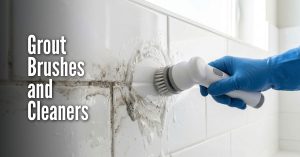 A side-by-side comparison image demonstrating the results of cleaning tile grout. Left Side (Before): Shows beige floor tiles with very dark, dirty, and stained grout lines. Right Side (After): Shows the same tiles with bright, clean, and white grout lines. Centered between the two sections is a blue and white handheld grout brush with stiff bristles. Large, white, bold text centered across the image reads: Grout Brushes and Cleaners. The background suggests a domestic indoor setting, likely a kitchen or bathroom floor.