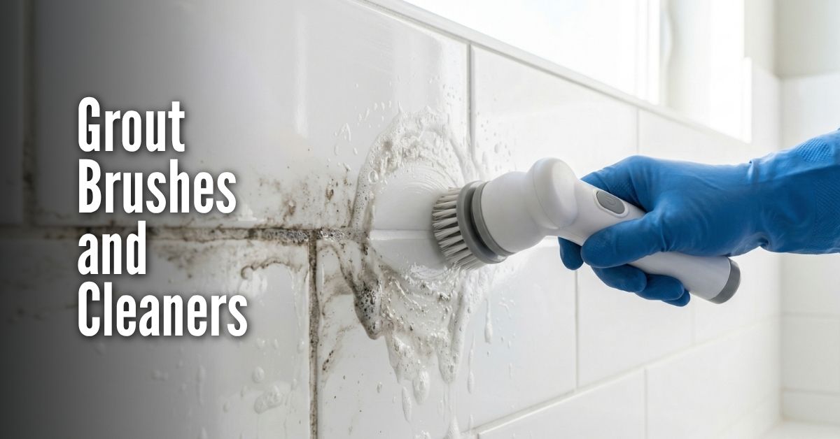 A side-by-side comparison image demonstrating the results of cleaning tile grout. Left Side (Before): Shows beige floor tiles with very dark, dirty, and stained grout lines. Right Side (After): Shows the same tiles with bright, clean, and white grout lines. Centered between the two sections is a blue and white handheld grout brush with stiff bristles. Large, white, bold text centered across the image reads: Grout Brushes and Cleaners. The background suggests a domestic indoor setting, likely a kitchen or bathroom floor.
