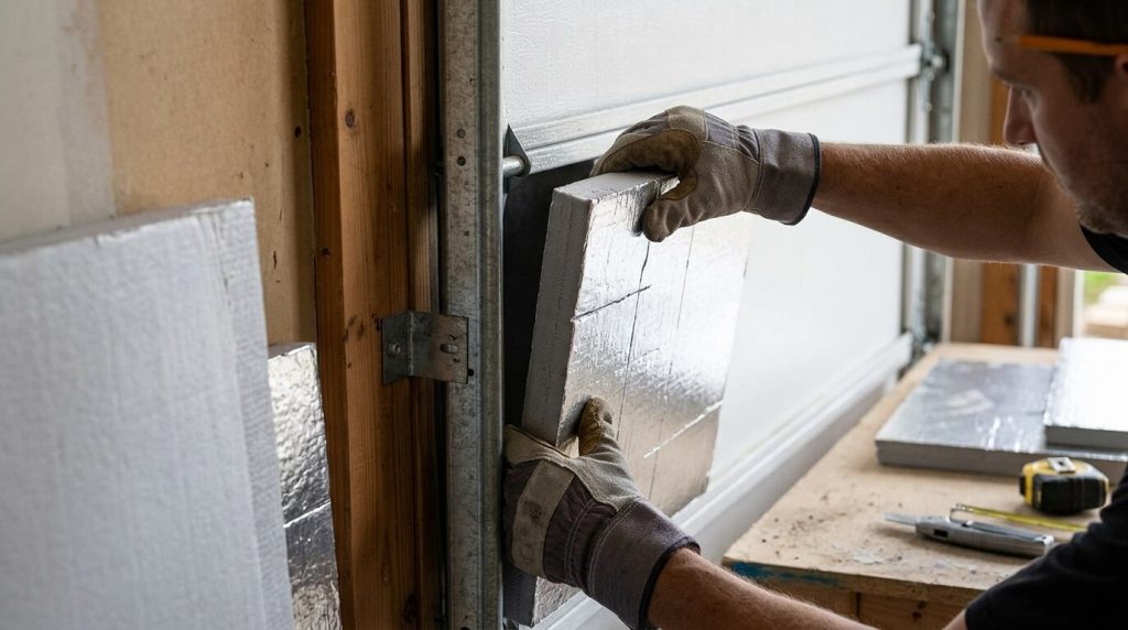 A close-up of a person wearing work gloves installing reflective foam insulation panels into the tracks of a residential garage door.