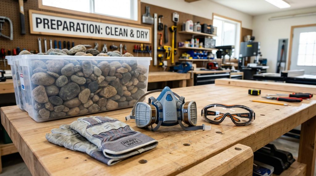 A professional workbench featuring safety gloves, a respirator mask, and goggles next to a container of clean, dry rocks for landscape glue preparation.