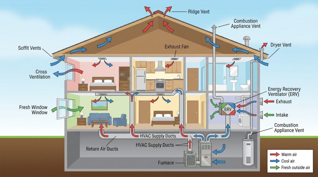 Diagram illustrating airflow and insulation placement in residential crawl space.