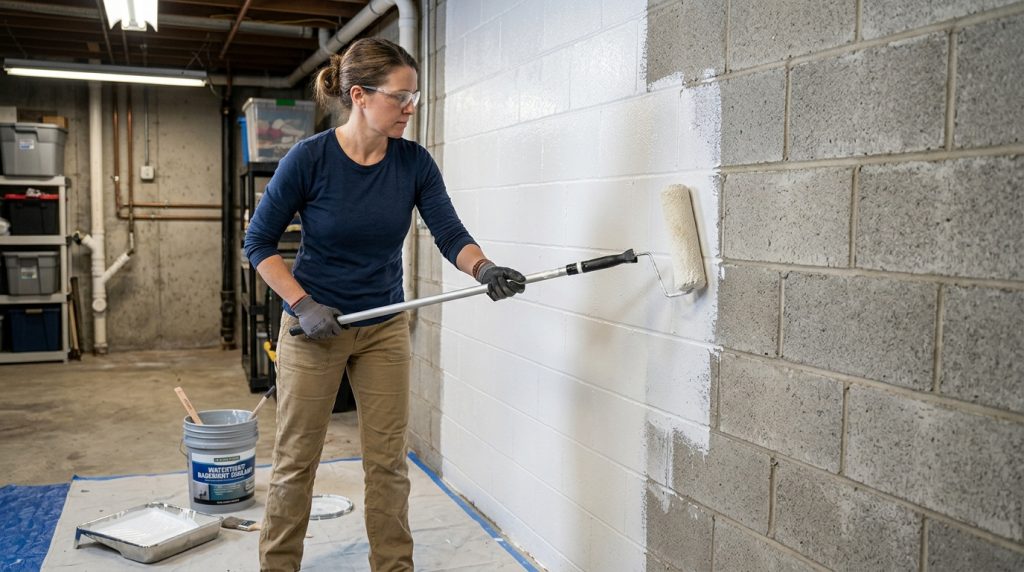 Applying basement waterproof sealant evenly to interior concrete walls.