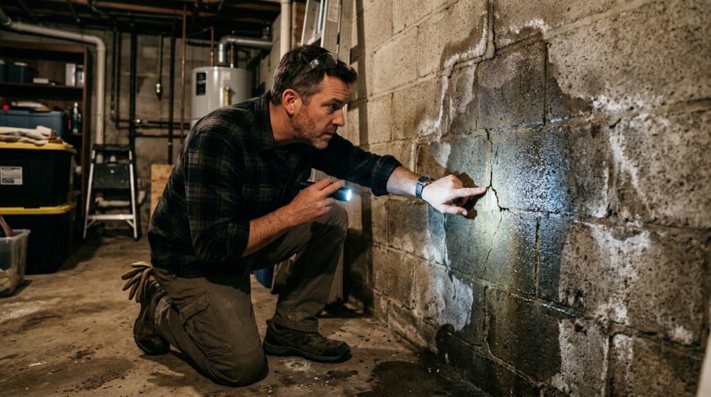 Damp basement wall showing signs of moisture and small foundation cracks.