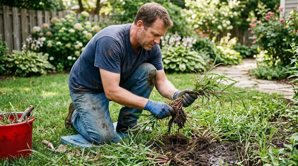 Homeowner pulling a crabgrass weed by hand from residential lawn soil after rain.