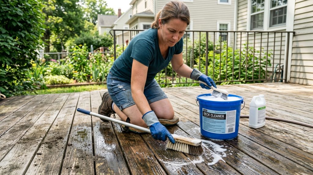 Homeowner scrubbing wood deck boards during deck prep before staining.
