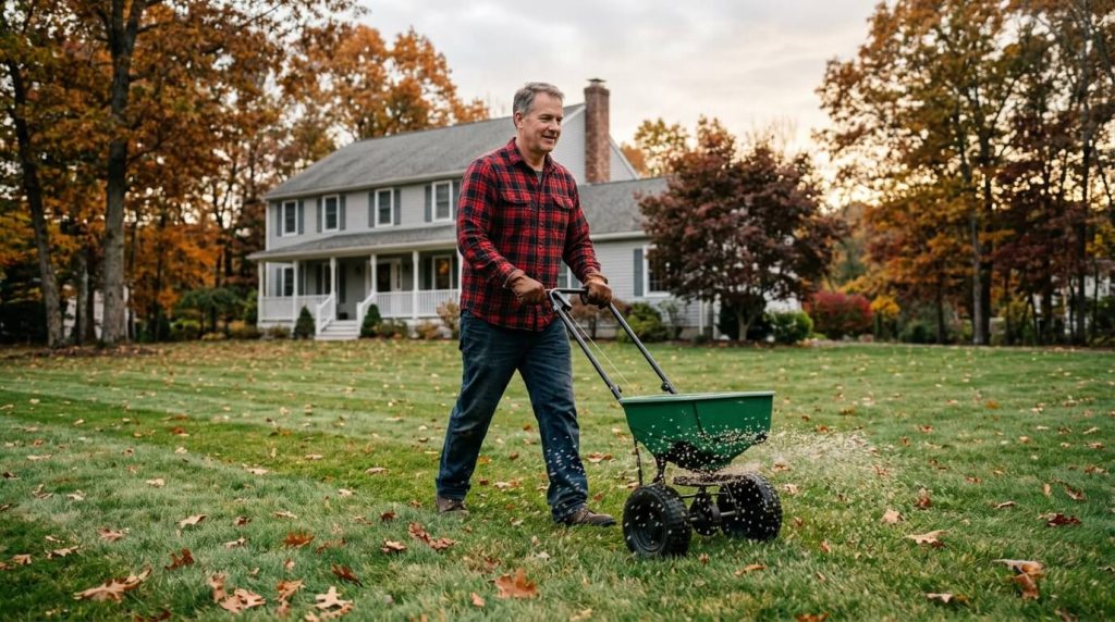 Applying fertilizer to a cool season lawn during the critical fall growth period.
